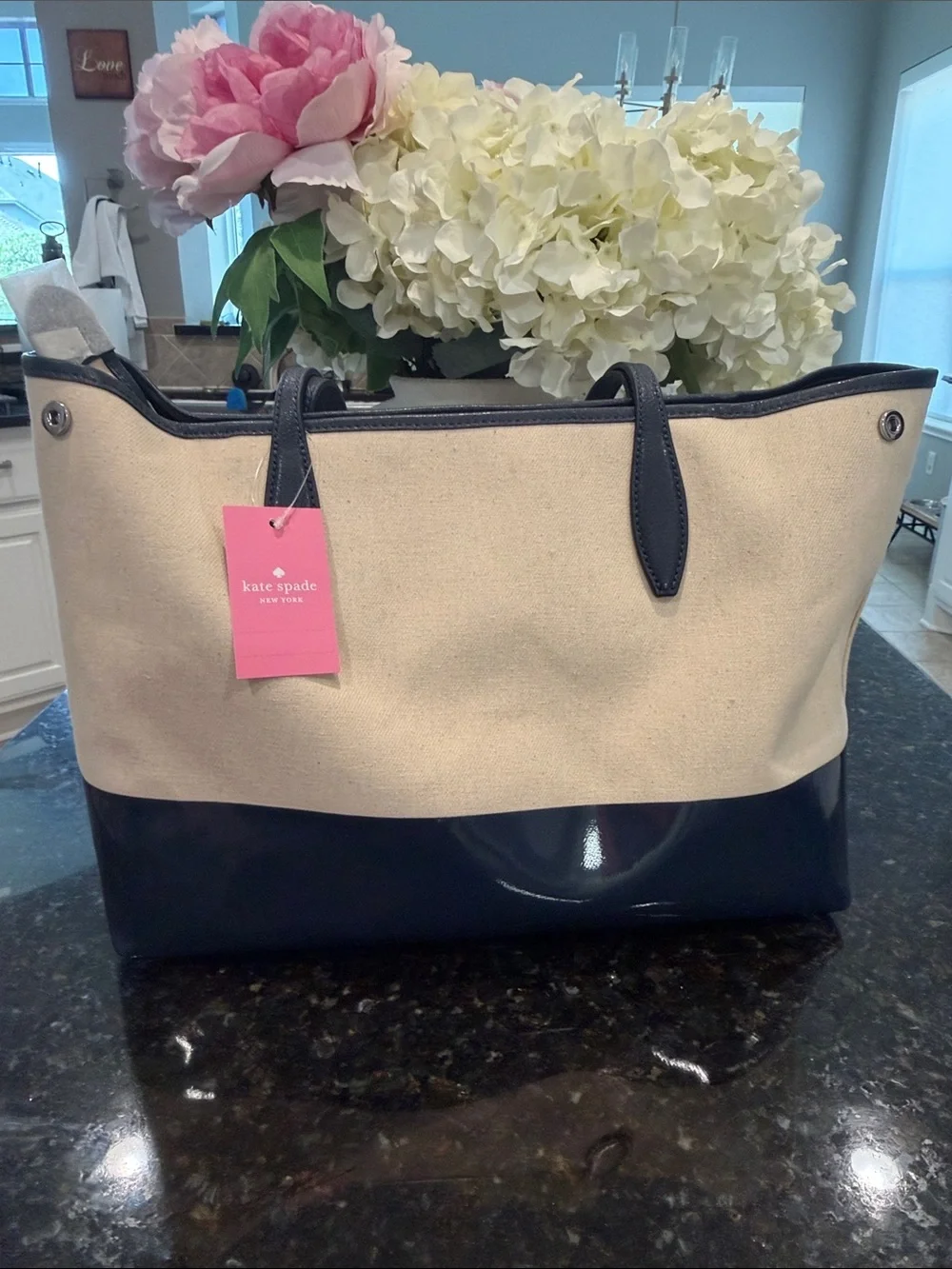 NWT kate spade Cream and Navy Canvas Tote with Logo